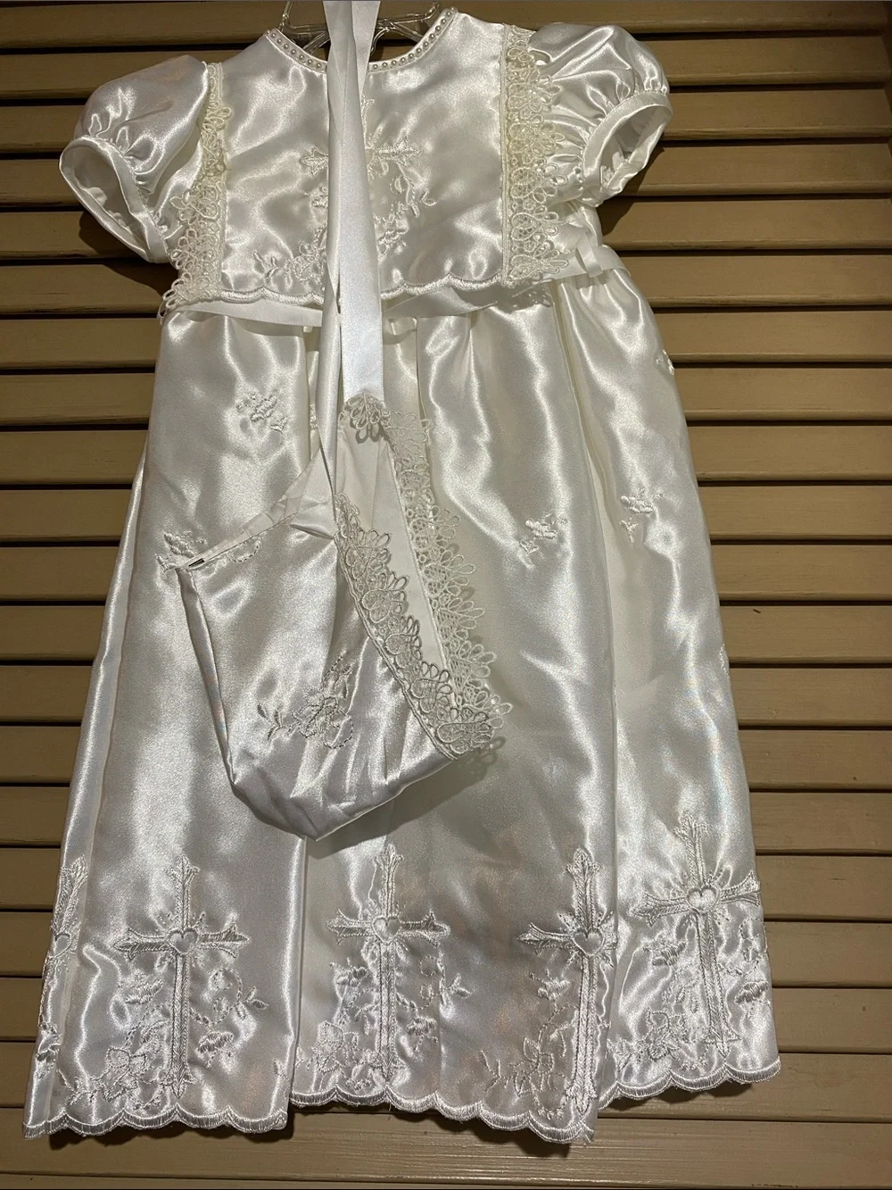 Ivory Satin  Girl Dress with Lace Trim and hat